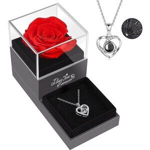 Preserved Red Real Rose with I Love You Necklace in 100 Languages